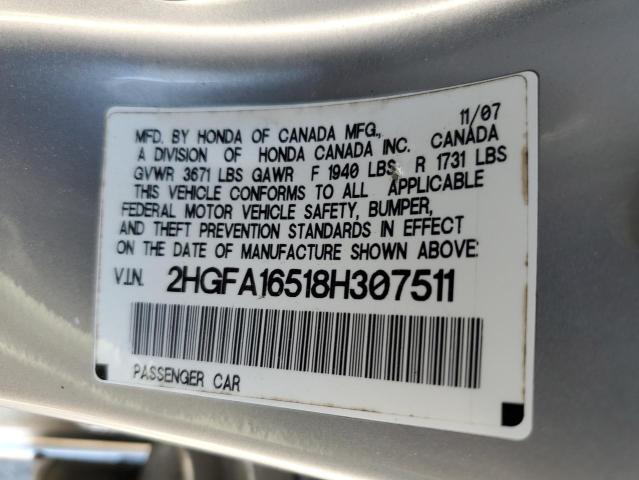 Photo 10 from auction – 2008 HONDA CIVIC LX with VIN 2HGFA16518H307511
