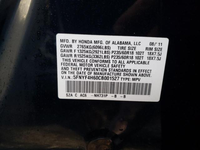 Photo 10 from auction – 2012 HONDA PILOT EXL with VIN 5FNYF4H60CB001527