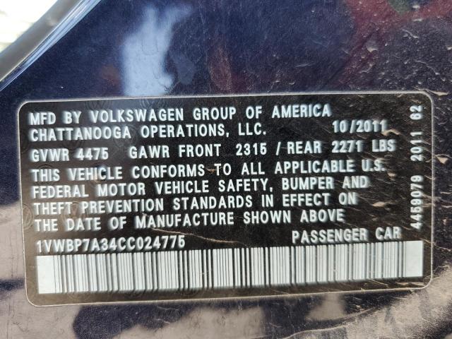Photo 10 from auction – 2012 VOLKSWAGEN PASSAT SE with VIN 1VWBP7A34CC024775