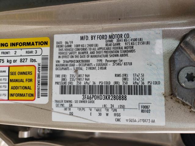Photo 10 from auction – 2019 FORD FUSION SE with VIN 3FA6P0HD3KR280888
