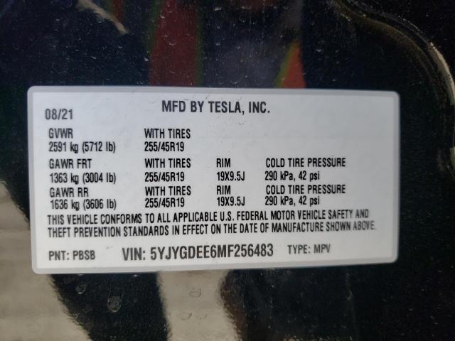 Photo 10 from auction – 2021 TESLA MODEL Y with VIN 5YJYGDEE6MF256483