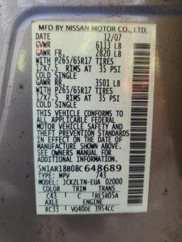 Photo 10 from auction – 2008 NISSAN PATHFINDER with VIN 5N1AR18B08C648689