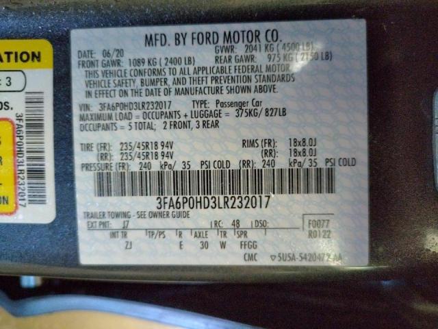 Photo 10 from auction – 2020 FORD FUSION SE with VIN 3FA6P0HD3LR232017
