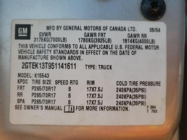 Photo 10 from auction – 2005 GMC NEW SIERRA with VIN 2GTEK13T951141611
