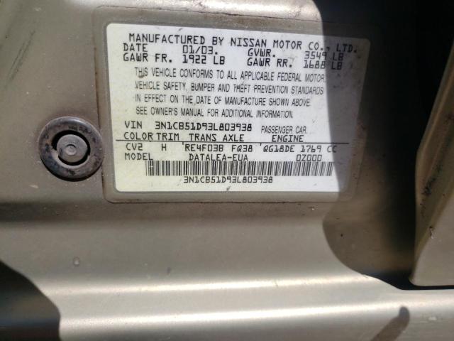 Photo 10 from auction – 2003 NISSAN SENTRA XE with VIN 3N1CB51D93L803938