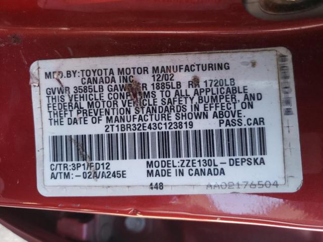 Photo 10 from auction – 2003 TOYOTA COROLLA CE with VIN 2T1BR32E43C123819