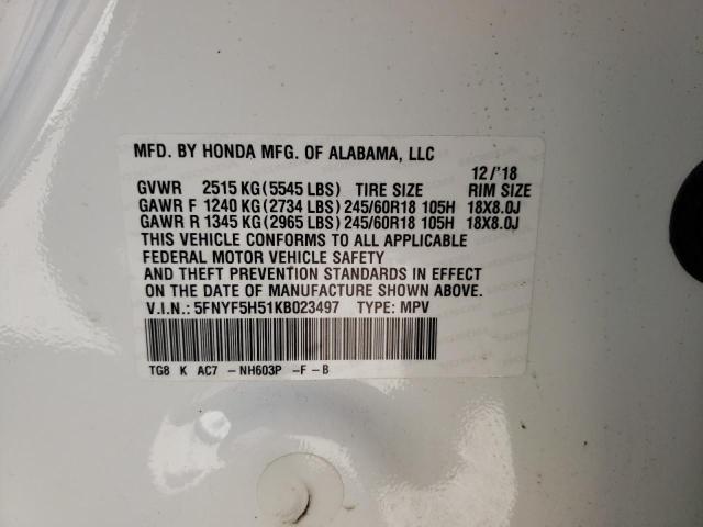 Photo 10 from auction – 2019 HONDA PILOT EXL with VIN 5FNYF5H51KB023497