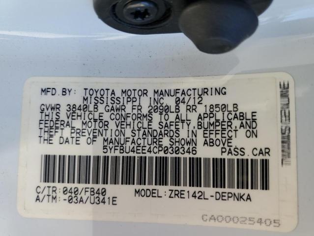 Photo 10 from auction – 2012 TOYOTA COROLLA BA with VIN 5YFBU4EE4CP030346