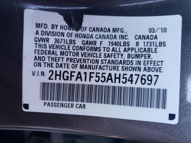 Photo 10 from auction – 2010 HONDA CIVIC LX with VIN 2HGFA1F55AH547697
