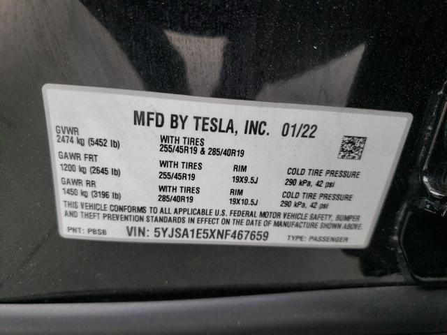 Photo 10 from auction – 2022 TESLA MODEL S with VIN 5YJSA1E5XNF467659