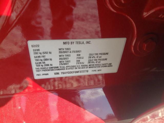 Photo 10 from auction – 2022 TESLA MODEL Y with VIN 7SAYGDEF6NF372778