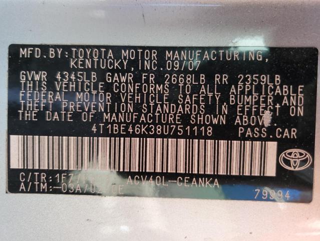 Photo 10 from auction – 2008 TOYOTA CAMRY CE with VIN 4T1BE46K38U751118