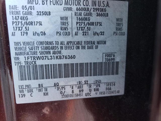 Photo 10 from auction – 2001 FORD F150 SUPER with VIN 1FTRW07L31KB76360