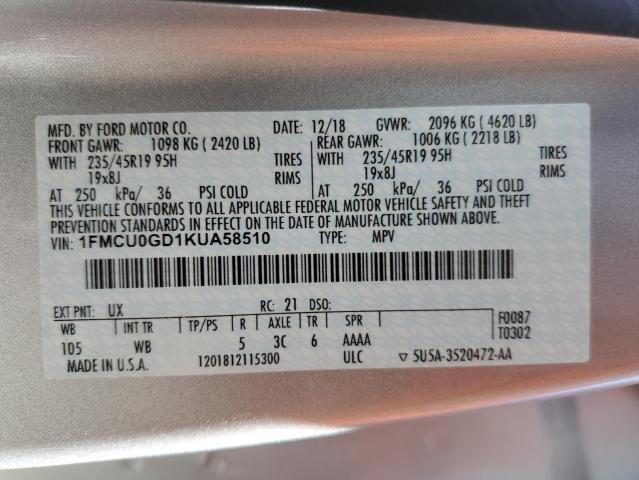 Photo 10 from auction – 2019 FORD ESCAPE SE with VIN 1FMCU0GD1KUA58510