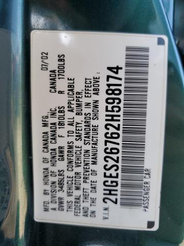 Photo 10 from auction – 2002 HONDA CIVIC EX with VIN 2HGES26762H598174