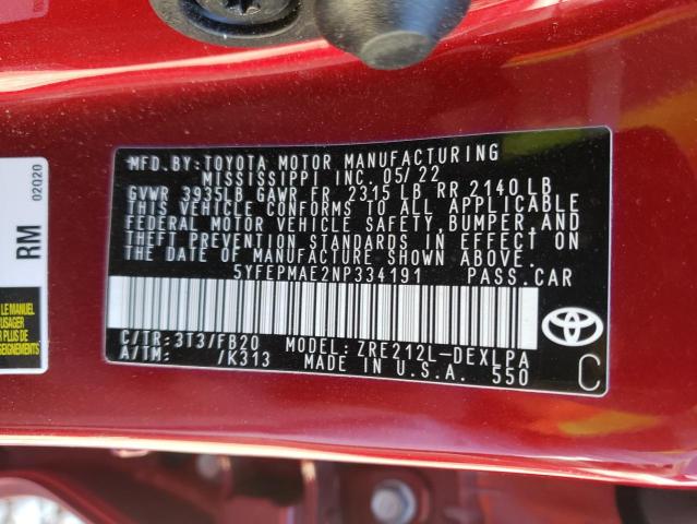 Photo 10 from auction – 2022 TOYOTA COROLLA LE with VIN 5YFEPMAE2NP334191