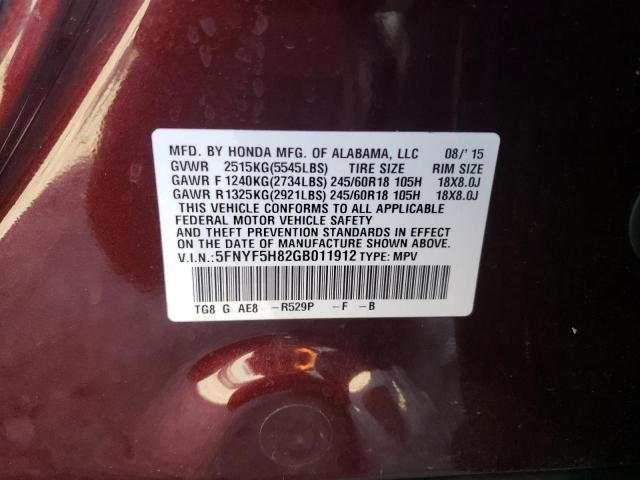 Photo 10 from auction – 2016 HONDA PILOT EXL with VIN 5FNYF5H82GB011912