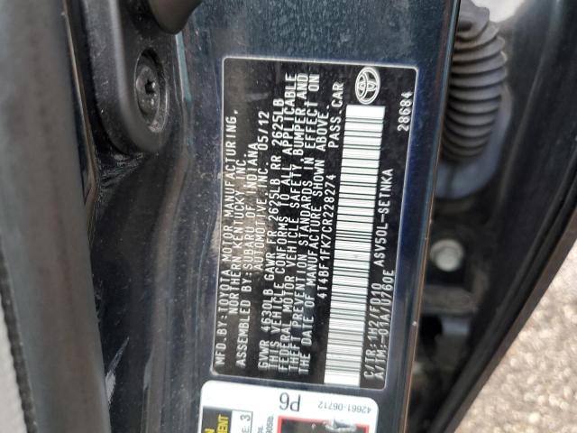 Photo 10 from auction – 2012 TOYOTA CAMRY BASE with VIN 4T4BF1FK7CR228274