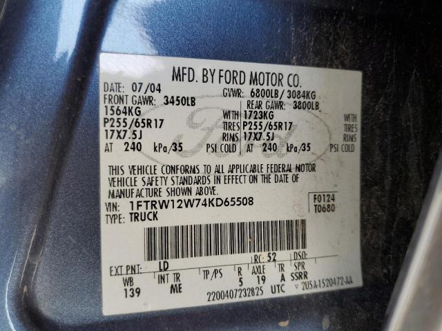 Photo 10 from auction – 2004 FORD F150 SUPER with VIN 1FTRW12W74KD65508