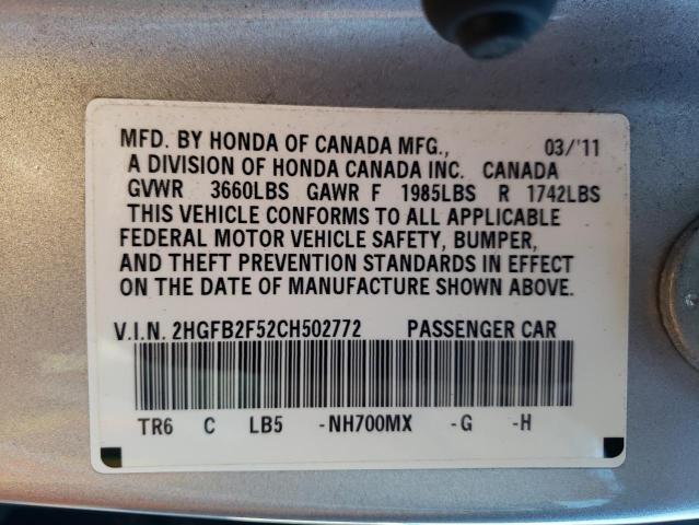 Photo 10 from auction – 2012 HONDA CIVIC LX with VIN 2HGFB2F52CH502772