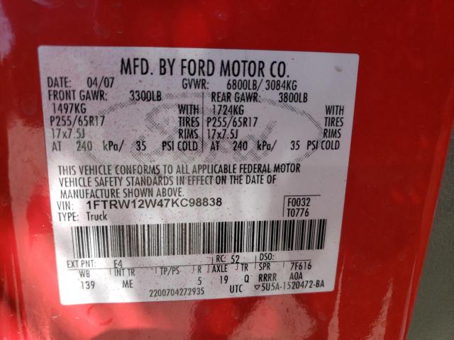 Photo 10 from auction – 2007 FORD F150 SUPER with VIN 1FTRW12W47KC98838