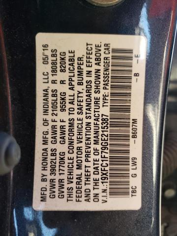 Photo 10 from auction – 2016 HONDA CIVIC EXL with VIN 19XFC1F79GE215387