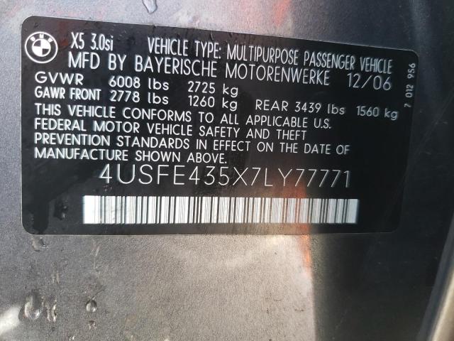 Photo 10 from auction – 2007 BMW X5 3.0I with VIN 4USFE435X7LY77771