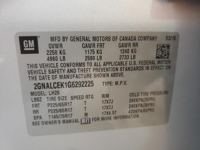 Photo 10 from auction – 2016 CHEVROLET EQUINOX LT with VIN 2GNALCEK1G6292225