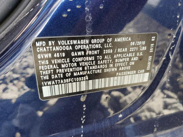 Photo 10 from auction – 2015 VOLKSWAGEN PASSAT S with VIN 1VWAT7A35FC103254