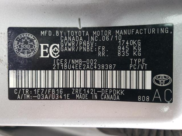 Photo 10 from auction – 2010 TOYOTA COROLLA BA with VIN 2T1BU4EE2AC438387
