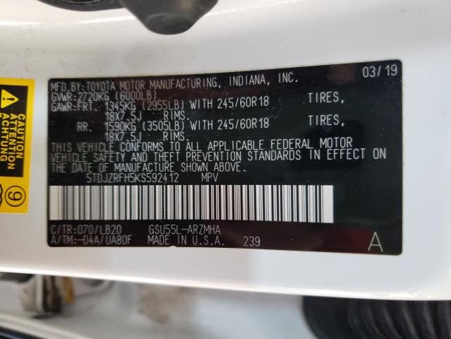 Photo 10 from auction – 2019 TOYOTA HIGHLANDER with VIN 5TDJZRFH5KS592412