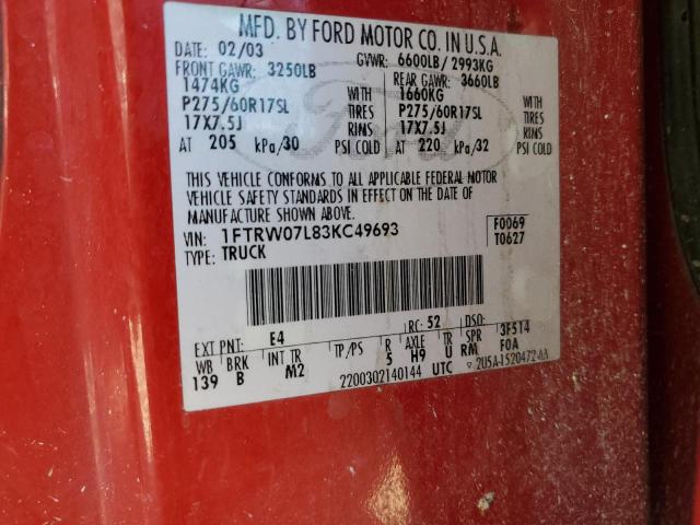 Photo 10 from auction – 2003 FORD F150 SUPER with VIN 1FTRW07L83KC49693