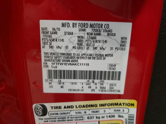 Photo 10 from auction – 2010 FORD F150 SUPER with VIN 1FTFW1EV6AKC11115