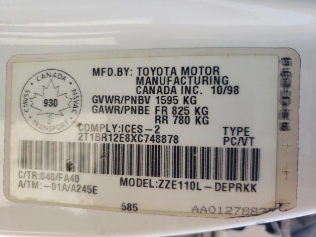 Photo 10 from auction – 1999 TOYOTA COROLLA VE with VIN 2T1BR12E8XC748878