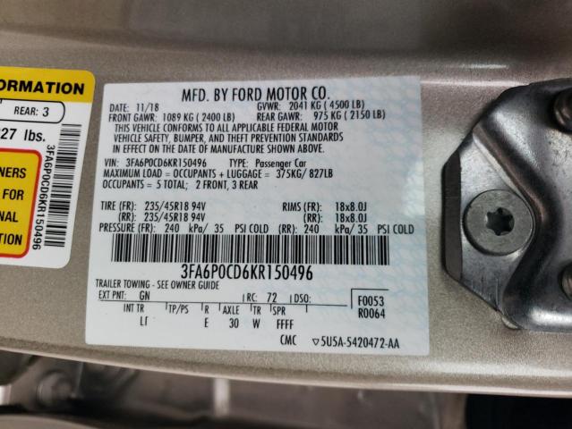 Photo 10 from auction – 2019 FORD FUSION SEL with VIN 3FA6P0CD6KR150496