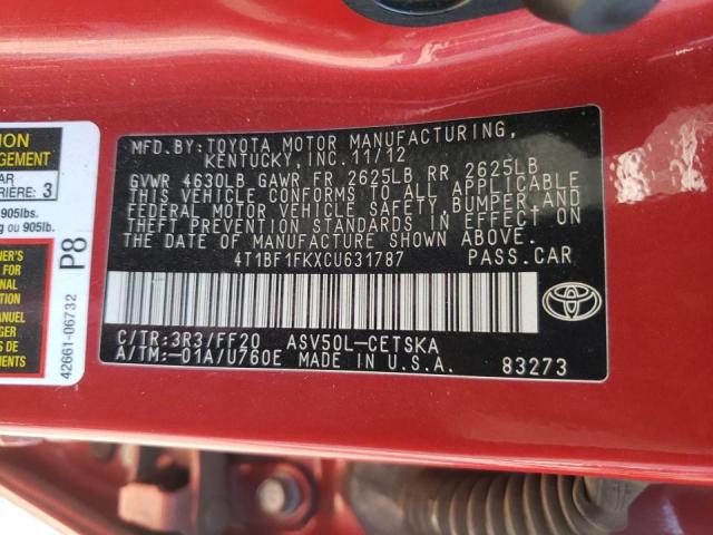 Photo 10 from auction – 2012 TOYOTA CAMRY BASE with VIN 4T1BF1FKXCU631787