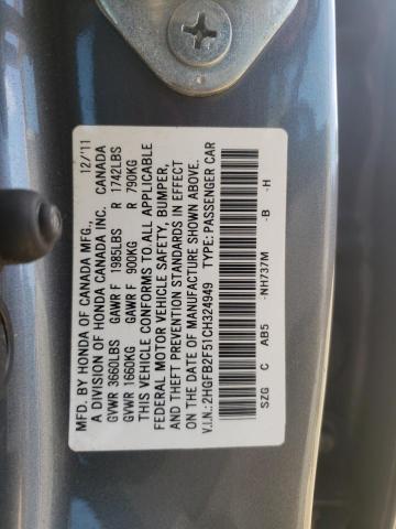 Photo 10 from auction – 2012 HONDA CIVIC LX with VIN 2HGFB2F51CH324949
