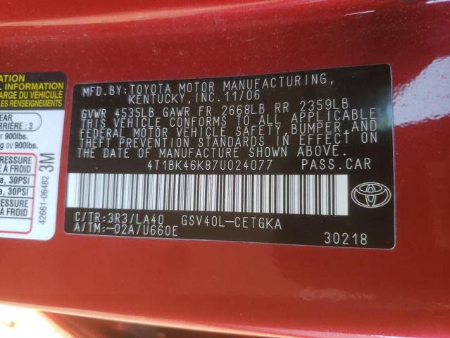 Photo 10 from auction – 2007 TOYOTA CAMRY with VIN 4T1BK46K87U024077