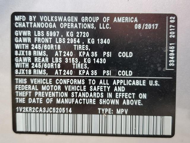Photo 10 from auction – 2018 VOLKSWAGEN ATLAS SE with VIN 1V2KR2CA3JC520514