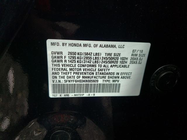 Photo 10 from auction – 2019 HONDA PILOT ELIT with VIN 5FNYF6H03KB005920