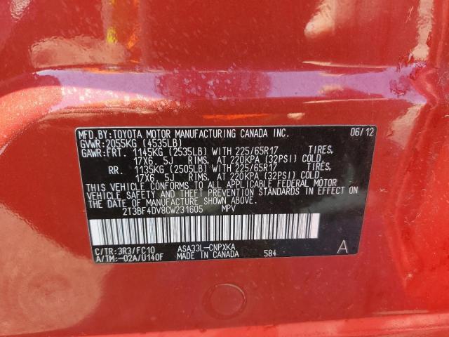 Photo 10 from auction – 2012 TOYOTA RAV4 with VIN 2T3BF4DV8CW231605