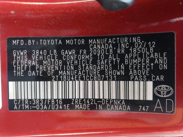 Photo 10 from auction – 2012 TOYOTA COROLLA BA with VIN 2T1BU4EE1CC807131