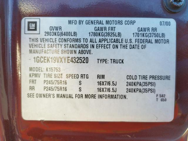 Photo 10 from auction – 2000 CHEVROLET SILVERADO with VIN 1GCEK19VXYE432520