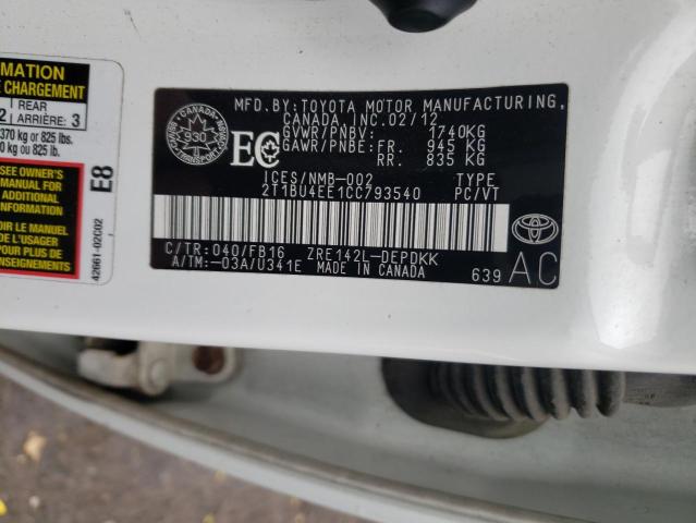 Photo 10 from auction – 2012 TOYOTA COROLLA BA with VIN 2T1BU4EE1CC793540