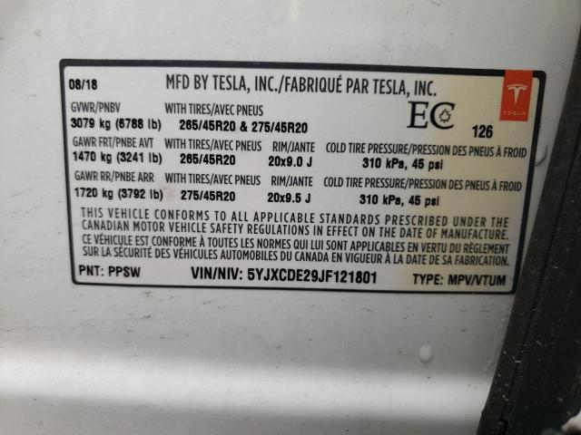 Photo 10 from auction – 2018 TESLA MODEL X with VIN 5YJXCDE29JF121801