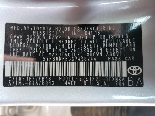 Photo 10 from auction – 2016 TOYOTA COROLLA L with VIN 5YFBURHE3GP498244