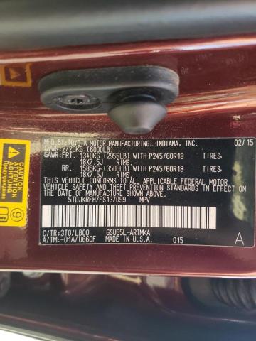 Photo 10 from auction – 2015 TOYOTA HIGHLANDER with VIN 5TDJKRFH7FS137099