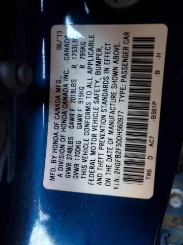 Photo 10 from auction – 2013 HONDA CIVIC LX with VIN 2HGFB2F50DH560977