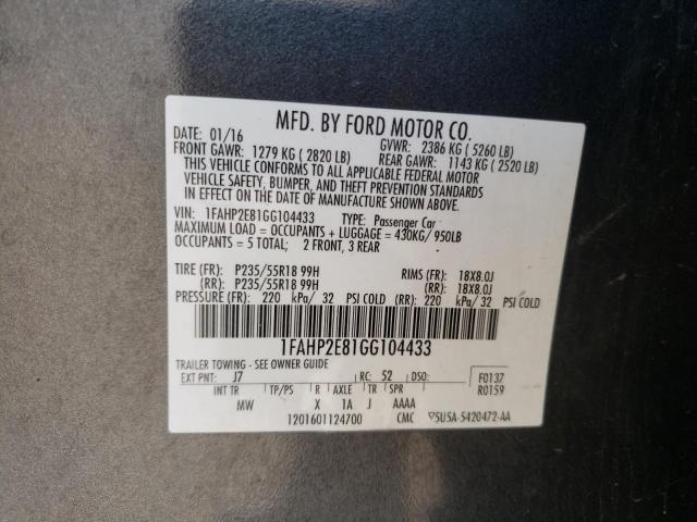 Photo 10 from auction – 2016 FORD TAURUS SEL with VIN 1FAHP2E81GG104433