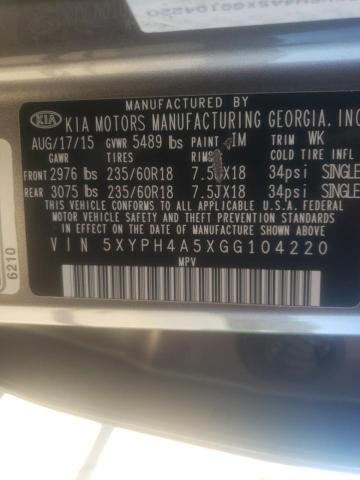 Photo 10 from auction – 2016 KIA SORENTO EX with VIN 5XYPH4A5XGG104220